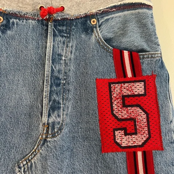 Y2K Riley Vintage Reworked Red Patch Denim Skirt Unique Indie Streetwear - Picture 3 of 6